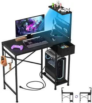 33.7 Inch Small Gaming Desk Table with LED Lights & Power Outlets, Compact L Shaped Gaming Computer Desk with CPU Stand, Drawer & Storage, Corner PC Desk for Kids, Home Office , Bedroom, Black 33.7 Inch Small Gaming Desk Table with LED Lights & Power Outlets, Compact L Shaped Gaming Computer Desk with CPU Stand, Drawer & Storage, Corner PC Desk for Kids, Home Office , Bedroom, Black