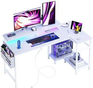 Gaming Desk, Computer Desk with USB Charging Ports, Power Outlets, Type-C and LED Lights, Reversible L Shaped Desk with Storage Shelves & Monitor Stand for Office Gaming Room White 48IN Gaming Desk, Computer Desk with USB Charging Ports, Power Outlets, Type-C and LED Lights, Reversible L Shaped Desk with Storage Shelves & Monitor Stand for Office Gaming Room White 48IN