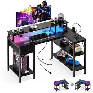 47 Gaming Desk with USB Charging Ports & LED Lights, Reversible L Shaped Desks Computer Corner Gamer Table with Power Outlets Monitor Stand Storage Shelves for Home Office Small Space, Black 47 Gaming Desk with USB Charging Ports & LED Lights, Reversible L Shaped Desks Computer Corner Gamer Table with Power Outlets Monitor Stand Storage Shelves for Home Office Small Space, Black