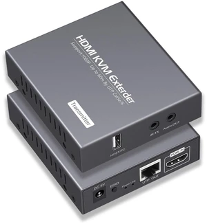 HDMI KVM Extender Over Cat5e/6 1080P Transmits Up to 196ft/60m, with 2 USB Ports Supports Mouse and Keyboard Remote Control, Feature Audio Extractor Function HDMI KVM Extender Over Cat5e/6 1080P Transmits Up to 196ft/60m, with 2 USB Ports Supports Mouse and Keyboard Remote Control, Feature Audio Extractor Function