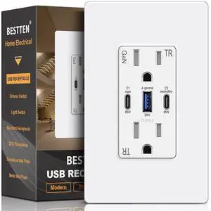 BESTTEN GaN 65W USB C Wall Outlet for Laptop, 3-Port USB Outlet with 15A Tamper-Resistant Electrical Outlet, 2 Type-C & 1 Type-A Ports USB Receptacle, Screwless Wallplate Included, cETL Listed, White BESTTEN GaN 65W USB C Wall Outlet for Laptop, 3-Port USB Outlet with 15A Tamper-Resistant Electrical Outlet, 2 Type-C & 1 Type-A Ports USB Receptacle, Screwless Wallplate Included, cETL Listed, White