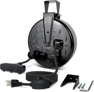 Retractable Extension Cord Reel, 16/3 SJTW Power Cord 30 Ft with 3 Electrical Outlets and 10 Amp Circuit Breaker, Ceiling or Wall Mount, Metal Plate, UL Listed, Grey Retractable Extension Cord Reel, 16/3 SJTW Power Cord 30 Ft with 3 Electrical Outlets and 10 Amp Circuit Breaker, Ceiling or Wall Mount, Metal Plate, UL Listed, Grey
