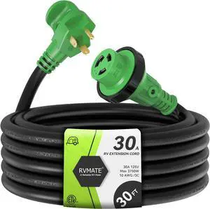 RVMATE 30 Feet 30 Amp RV Lockable Power Extension Cord with Easy Plug-in Handle, TT-30P to L5-30R, LED Indicator, 10 AWG, ETL Listed RVMATE 30 Feet 30 Amp RV Lockable Power Extension Cord with Easy Plug-in Handle, TT-30P to L5-30R, LED Indicator, 10 AWG, ETL Listed