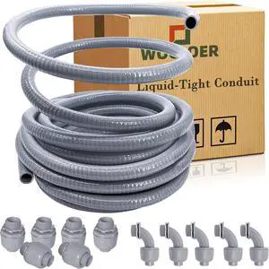 Liquid-Tight Conduit - 1/2inch 100 Foot Flexible Non Metallic Liquid Tight Electrical Conduit Kit, with 6 Straight and 5 90-Degree Conduit Connector Fittings Liquid-Tight Conduit - 1/2inch 100 Foot Flexible Non Metallic Liquid Tight Electrical Conduit Kit, with 6 Straight and 5 90-Degree Conduit Connector Fittings