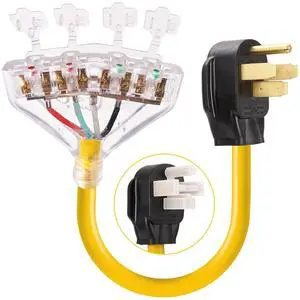 50 Amp to 110V 20 Amp RV Adapter Cord, 4 Prong NEMA 14-50P Male Plug to 4X 5-20R Household Outlet Female Connectors Adapter Cord with Dust Protection Caps, 1.5 FT, Yellow 50 Amp to 110V 20 Amp RV Adapter Cord, 4 Prong NEMA 14-50P Male Plug to 4X 5-20R Household Outlet Female Connectors Adapter Cord with Dust Protection Caps, 1.5 FT, Yellow