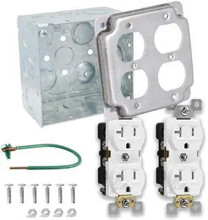 Outlet Box Kit, Includes 4x4'' Welded Metal Electrical Box, 2 Tamper Resistant 20 Amp Duplex Receptacle Outlets, Duplex Receptacle 4x4'' Cover, 16 Knockouts, Green Pigtail Grounding Wire and Screw Outlet Box Kit, Includes 4x4'' Welded Metal Electrical Box, 2 Tamper Resistant 20 Amp Duplex Receptacle Outlets, Duplex Receptacle 4x4'' Cover, 16 Knockouts, Green Pigtail Grounding Wire and Screw