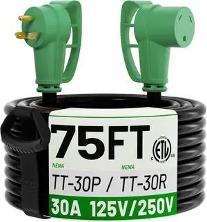 POWGRN NEMA TT-30P to NEMA TT-30R 75 FT 30 Amp RV Extension Cord Outdoor with Grip Handle, Flexible Heavy Duty 10/3 Gauge STW 3 Prong RV Power Cord Waterproof, 30A 125V 3750W, Black-Green, ETL Listed POWGRN NEMA TT-30P to NEMA TT-30R 75 FT 30 Amp RV Extension Cord Outdoor with Grip Handle, Flexible Heavy Duty 10/3 Gauge STW 3 Prong RV Power Cord Waterproof, 30A 125V 3750W, Black-Green, ETL Listed