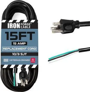 Iron Forge Cable 10 Gauge Power Cord Replacement - 15ft,15 Amp Black Heavy Duty Extension Cord, 10/3 SJT 3 Prong Electric Cable - 3 Wire for Appliances & Power Tools, NEMA 5-15P Iron Forge Cable 10 Gauge Power Cord Replacement - 15ft,15 Amp Black Heavy Duty Extension Cord, 10/3 SJT 3 Prong Electric Cable - 3 Wire for Appliances & Power Tools, NEMA 5-15P