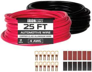 Iron Forge Cable 4 AWG Battery Cable Automotive Wire - 2 Roll Assortment Pack - 25 Ft of Copper Clad Primary Wire per Roll,4 Gauge Wire 25 Ft Stranded Copper Clad Aluminium Auto Wire with Connectors Iron Forge Cable 4 AWG Battery Cable Automotive Wire - 2 Roll Assortment Pack - 25 Ft of Copper Clad Primary Wire per Roll,4 Gauge Wire 25 Ft Stranded Copper Clad Aluminium Auto Wire with Connectors