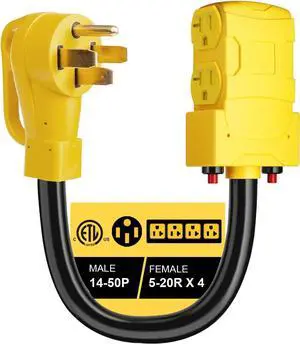 50 Amp to 20 Amp 110V RV Distribution Adapter, 240V to 120V, NEMA 14-50P to 4 X 5-20R/15R RV Generator Adapter, 4-Prong Plug to Mutiple Household Outlet w/ 24amp Circuit Breaker, ETL Listed 50 Amp to 20 Amp 110V RV Distribution Adapter, 240V to 120V, NEMA 14-50P to 4 X 5-20R/15R RV Generator Adapter, 4-Prong Plug to Mutiple Household Outlet w/ 24amp Circuit Breaker, ETL Listed