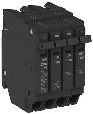 ABB Q-Line® THQLQ204020 Quad Circuit Breaker 20A/1P & 40A/2P & 20A/1P Configuration 120/240 VAC, 10 kAIC Plug-in Mount Type Compatible with PowerMark Load Centers ABB Q-Line® THQLQ204020 Quad Circuit Breaker 20A/1P & 40A/2P & 20A/1P Configuration 120/240 VAC, 10 kAIC Plug-in Mount Type Compatible with PowerMark Load Centers