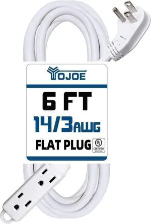 YOJOE 3-Outlets Flat Plug Indoor Extension Cord Outlet Extender, 3 Prong 6 ft 15A Power Strip, 14 Gauge Heavy Duty White Extension Cord, 14/3 SJTW, UL Listed YOJOE 3-Outlets Flat Plug Indoor Extension Cord Outlet Extender, 3 Prong 6 ft 15A Power Strip, 14 Gauge Heavy Duty White Extension Cord, 14/3 SJTW, UL Listed