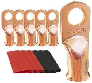6pcs 1/0 AWG-3/8 Ring Battery Lugs, Copper Lugs, Battery Cable Ends, Tubular Ring Terminals, Crimp Wire Ring Lugs, Battery Terminal Connectors with Heat Shrink Tubing (6, 1/0 Awg - 3/8" (M10) Ring) 6pcs 1/0 AWG-3/8 Ring Battery Lugs, Copper Lugs, Battery Cable Ends, Tubular Ring Terminals, Crimp Wire Ring Lugs, Battery Terminal Connectors with Heat Shrink Tubing (6, 1/0 Awg - 3/8" (M10) Ring)