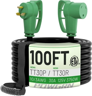 POWGRN 30 Amp RV Extension Cord 100 FT Outdoor with Grip Handle, Flexible Heavy Duty 10/3 Gauge STW 3 Prong RV Power Cord Waterproof, NEMA TT-30P to TT-30R, Black-Green, ETL Listed. POWGRN 30 Amp RV Extension Cord 100 FT Outdoor with Grip Handle, Flexible Heavy Duty 10/3 Gauge STW 3 Prong RV Power Cord Waterproof, NEMA TT-30P to TT-30R, Black-Green, ETL Listed.