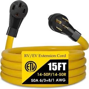 50 Amp RV/EV Extension Cord, 4 Prong NEMA 14-50P to 14-50R 50F/50M Cable Suit for RV Trailer Campers, Tesla Model 3-S-X-Y, Heavy Duty STW with Cord Organizer, ETL Listed (15 FT) 50 Amp RV/EV Extension Cord, 4 Prong NEMA 14-50P to 14-50R 50F/50M Cable Suit for RV Trailer Campers, Tesla Model 3-S-X-Y, Heavy Duty STW with Cord Organizer, ETL Listed (15 FT)