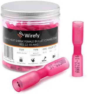 Wirefy 150 PCS Heat Shrink Female Bullet Connectors - Female Wire Bullet Connectors - Electrical Bullet Butt Terminals - Red 22-16 AWG Wirefy 150 PCS Heat Shrink Female Bullet Connectors - Female Wire Bullet Connectors - Electrical Bullet Butt Terminals - Red 22-16 AWG