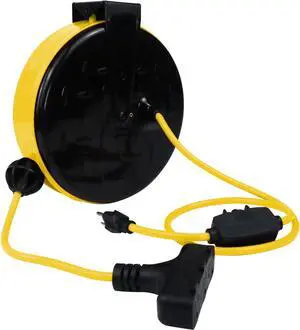 30 Ft Retractable Extension Cord Reel, 16/3 SJTW Power Cord with 3 Electrical Outlets, Ceiling or Wall Mount, 10 Amp Circuit Breaker, Adjustable Stopper, Metal Plate, UL Listed, Yellow 30 Ft Retractable Extension Cord Reel, 16/3 SJTW Power Cord with 3 Electrical Outlets, Ceiling or Wall Mount, 10 Amp Circuit Breaker, Adjustable Stopper, Metal Plate, UL Listed, Yellow