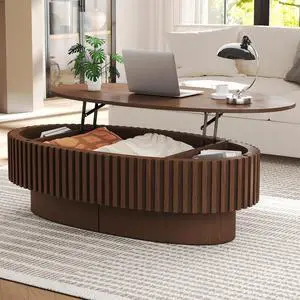 Dark Brown Oval Lift-Top Coffee Table, Wooden Tea Table with Hidden Inner Storage Space, Multifunctional Dining Table for Living Room Lounge Cafe Home Furniture Dark Brown Oval Lift-Top Coffee Table, Wooden Tea Table with Hidden Inner Storage Space, Multifunctional Dining Table for Living Room Lounge Cafe Home Furniture