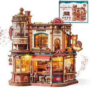 ROKR Moving Dream Coffee Factory DIY Miniature House Kit - 3D Wooden Puzzles for Adults with Music Box & LED Lights, No Glue Kinetic Model Building Kit, Unique Home Decor Gifts for Adults,EAB02 ROKR Moving Dream Coffee Factory DIY Miniature House Kit - 3D Wooden Puzzles for Adults with Music Box & LED Lights, No Glue Kinetic Model Building Kit, Unique Home Decor Gifts for Adults,EAB02