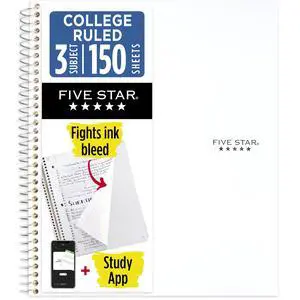 Spiral Notebook + Study App, 3 Subject, College Ruled Paper, 8-1/2" x 11", 150 Sheets, Fights Ink Bleed, Water Resistant Cover, White (72464) Spiral Notebook + Study App, 3 Subject, College Ruled Paper, 8-1/2" x 11", 150 Sheets, Fights Ink Bleed, Water Resistant Cover, White (72464)