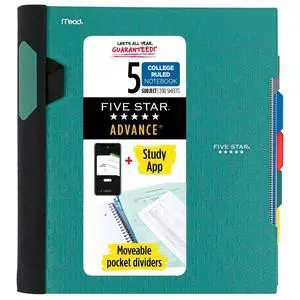 Advance Spiral Notebook + Study App, 5 Subject, College Ruled Paper, 8-1/2" x 11", 200 Sheets, Spiral Guard, Movable Tabbed Dividers, Seaglass Green (73148) Advance Spiral Notebook + Study App, 5 Subject, College Ruled Paper, 8-1/2" x 11", 200 Sheets, Spiral Guard, Movable Tabbed Dividers, Seaglass Green (73148)