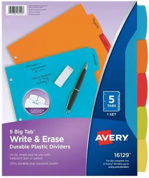 Big Tab Write & Erase Durable Plastic Dividers for 3 Ring Binders, 5-Tab Set, Bright Multicolor, 1 Set (16129) Big Tab Write & Erase Durable Plastic Dividers for 3 Ring Binders, 5-Tab Set, Bright Multicolor, 1 Set (16129)