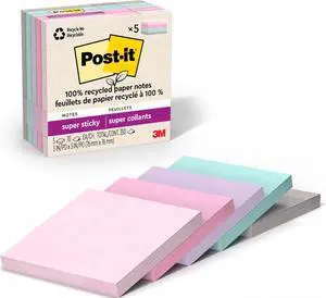 100% Recycled Super Sticky Notes, 3 x 3 in, Pastels, 5 Pads 100% Recycled Super Sticky Notes, 3 x 3 in, Pastels, 5 Pads