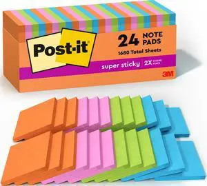 Super Sticky Notes, 3 x 3 in, Neon Fizz, 24 Pads, 70 Sheets/Pad Super Sticky Notes, 3 x 3 in, Neon Fizz, 24 Pads, 70 Sheets/Pad