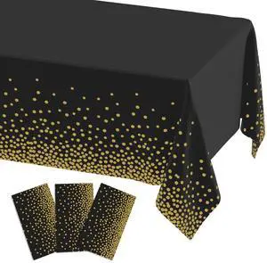 3 Pack Dot Disposable Tablecloth, 54 x 108 Inch Waterproof Plastic Table Cloth, Decorative Table Covers for Picnic, Party, Outdoor, Gold in Black 3 Pack Dot Disposable Tablecloth, 54 x 108 Inch Waterproof Plastic Table Cloth, Decorative Table Covers for Picnic, Party, Outdoor, Gold in Black