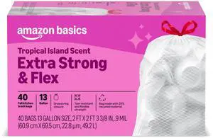 Extra Strong & Flex Tall Kitchen Drawstring Trash Bags, Tropical Island Scent, 13 Gallon, Tear Resistant with Odor Control, 40 Count Extra Strong & Flex Tall Kitchen Drawstring Trash Bags, Tropical Island Scent, 13 Gallon, Tear Resistant with Odor Control, 40 Count