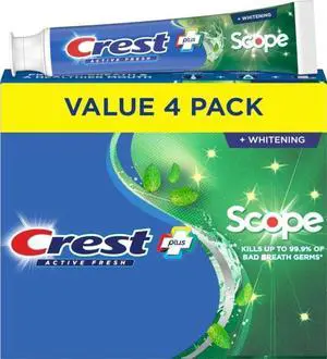 Scope, Active Fresh, Teeth Whitening Toothpaste for adults, 5.5oz 4 pack, Bad Breath Treatment, Breath Freshner, for Sensitive Teeth, Deep Stain remover, Travel Size Toiletries Scope, Active Fresh, Teeth Whitening Toothpaste for adults, 5.5oz 4 pack, Bad Breath Treatment, Breath Freshner, for Sensitive Teeth, Deep Stain remover, Travel Size Toiletries