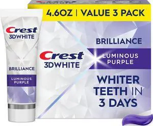 3D White Brilliance Luminous Purple Teeth Whitening Toothpaste, 4.6 oz Pack of 3, Anticavity Fluoride Toothpaste, Fights 100% More Surface Stains, 24 Hour Active Stain Prevention 3D White Brilliance Luminous Purple Teeth Whitening Toothpaste, 4.6 oz Pack of 3, Anticavity Fluoride Toothpaste, Fights 100% More Surface Stains, 24 Hour Active Stain Prevention