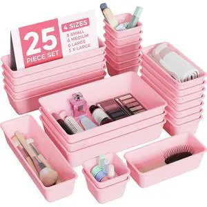 25 PCS Plastic Drawer Organizers Set, 4-Sizes Vanity and Makeup Organizer, Desk and bathroom Drawer Organizer Trays, Organizers and Storage for Makeup, Jewelry, Gadgets, Utensils (Pink) 25 PCS Plastic Drawer Organizers Set, 4-Sizes Vanity and Makeup Organizer, Desk and bathroom Drawer Organizer Trays, Organizers and Storage for Makeup, Jewelry, Gadgets, Utensils (Pink)