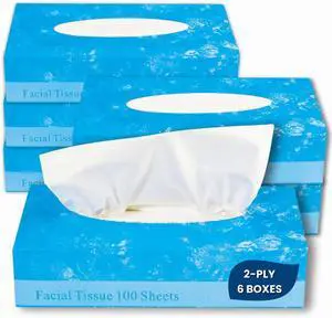 Facial Tissue Paper, White Tissue, Flat Box with 100 Sheets, Soft 2-Ply, 6 Pack Facial Tissue Paper, White Tissue, Flat Box with 100 Sheets, Soft 2-Ply, 6 Pack