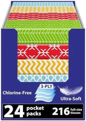 Travel Tissue Packs 24 Compact 3-Ply Packs (216 Total), Soft Chlorine-Free Facial Tissues for Purse, Car, or School, Gentle & Durable, Non-Bleach, Stylish Geometric Design Travel Tissue Packs 24 Compact 3-Ply Packs (216 Total), Soft Chlorine-Free Facial Tissues for Purse, Car, or School, Gentle & Durable, Non-Bleach, Stylish Geometric Design