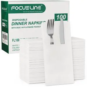100 Count Disposable Cloth-Like Napkins, Built-in Flatware Pocket, Prefolded Linen Feel White Napkins 100 Count Disposable Cloth-Like Napkins, Built-in Flatware Pocket, Prefolded Linen Feel White Napkins
