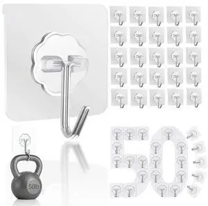 Hooks for Hanging, 50 Pack Wall Hooks 50lb(Max) Transparent Reusable Waterproof Adhesive Hook for Kitchen Curtain, Towel Hook for Bathrooms, Heavy Duty Self Coat Hook for Walls No Damage Hooks for Hanging, 50 Pack Wall Hooks 50lb(Max) Transparent Reusable Waterproof Adhesive Hook for Kitchen Curtain, Towel Hook for Bathrooms, Heavy Duty Self Coat Hook for Walls No Damage