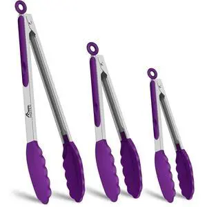 Premium Stainless Steel Locking Kitchen Tongs with Silicon Tips, Set of 3-7", 9" and 12" (Purple) Premium Stainless Steel Locking Kitchen Tongs with Silicon Tips, Set of 3-7", 9" and 12" (Purple)