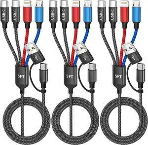 Travel 4 in 2 Charging Cable with Dual Type-C Port, USBA/C Multi Charging Cable Cords for Multiple Devices, Multiple Phone Charger Cord for iPhone17-8, Android, iPad, Car Accessories (3Packs 5FT) Travel 4 in 2 Charging Cable with Dual Type-C Port, USBA/C Multi Charging Cable Cords for Multiple Devices, Multiple Phone Charger Cord for iPhone17-8, Android, iPad, Car Accessories (3Packs 5FT)