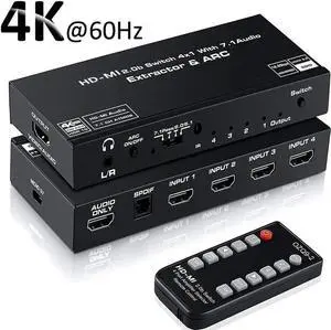 WRIARICH 4 Port HDMI 2.0b Switch 4K@60Hz Audio Extractor, 4 in 1 Out HDMI Splitter with Optical SPDIF & 3.5mm AUX Out, Remote Control, ARC, HDR, Dolby Vision, HDCP 2.2, 18Gbps Bandwidth WRIARICH 4 Port HDMI 2.0b Switch 4K@60Hz Audio Extractor, 4 in 1 Out HDMI Splitter with Optical SPDIF & 3.5mm AUX Out, Remote Control, ARC, HDR, Dolby Vision, HDCP 2.2, 18Gbps Bandwidth