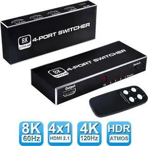 WRIARICH 4 In 1 Out HDMI 2.1 8K Switch Box with IR Remote, 48Gbps Bandwidth, Support 8K@60Hz, 4K@120Hz, 2K@144Hz, HDR, CEC & Dolby Vision, Compatible with PS5, Xbox Series X WRIARICH 4 In 1 Out HDMI 2.1 8K Switch Box with IR Remote, 48Gbps Bandwidth, Support 8K@60Hz, 4K@120Hz, 2K@144Hz, HDR, CEC & Dolby Vision, Compatible with PS5, Xbox Series X