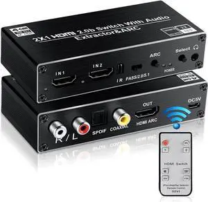 WRIARICH 2 in 1 Out HDMI 2.0b Switch with Audio Extractor & IR Remote, 4K@60Hz HDMI Switcher Splitter, Optical Toslink SPDIF, Coaxial, RCA Stereo Audio Output for HDTV Projector Game Consoles WRIARICH 2 in 1 Out HDMI 2.0b Switch with Audio Extractor & IR Remote, 4K@60Hz HDMI Switcher Splitter, Optical Toslink SPDIF, Coaxial, RCA Stereo Audio Output for HDTV Projector Game Consoles