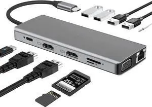 12 in 1 USB C Triple Monitor Docking Station, Multiport Adapter Dongle with Dual HDMI VGA, 100W PD, Gigabit Ethernet, 4 USB, SD/TF, 3.5mm Mic Audio, Compatible with MacBook Dell HP Lenovo USB-C Laptop 12 in 1 USB C Triple Monitor Docking Station, Multiport Adapter Dongle with Dual HDMI VGA, 100W PD, Gigabit Ethernet, 4 USB, SD/TF, 3.5mm Mic Audio, Compatible with MacBook Dell HP Lenovo USB-C Laptop