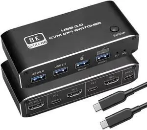 WRIARICH 2 In 1 Out HDMI 2.1 KVM Switch 8K@60Hz, 2 PCs Share 1 Monitor Keyboard Mouse & Dual USB 3.0 Ports, Support Dynamic HDR, VRR, RGB 8:8:8, One-Button & Hotkey Switching WRIARICH 2 In 1 Out HDMI 2.1 KVM Switch 8K@60Hz, 2 PCs Share 1 Monitor Keyboard Mouse & Dual USB 3.0 Ports, Support Dynamic HDR, VRR, RGB 8:8:8, One-Button & Hotkey Switching