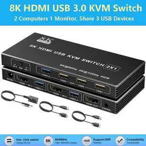 WRIARICH 2 Port HDMI USB 3.0 KVM Switch 8K@60Hz, 2 In 1 Out KVM Switcher for 2 PCs Share 1 Monitor Keyboard Mouse Printer Scanner, With Desktop Controller WRIARICH 2 Port HDMI USB 3.0 KVM Switch 8K@60Hz, 2 In 1 Out KVM Switcher for 2 PCs Share 1 Monitor Keyboard Mouse Printer Scanner, With Desktop Controller