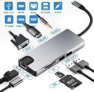 9-in-1 USB-C Multiport Docking Station, 4K HDMI, 1080P VGA, 60W PD Charging, 2×USB3.0, Gigabit Ethernet, SD/TF Card Reader, 3.5mm Audio Jack, Compatible with MacBook Pro/Air, USB-C Laptops & iPad 9-in-1 USB-C Multiport Docking Station, 4K HDMI, 1080P VGA, 60W PD Charging, 2×USB3.0, Gigabit Ethernet, SD/TF Card Reader, 3.5mm Audio Jack, Compatible with MacBook Pro/Air, USB-C Laptops & iPad