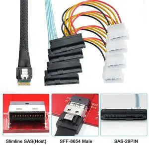 WRIARICH 100cm Slimline SAS 4.0 Fanout Cable, SFF-8654 4i 38Pin Host to 4x SFF-8654 29Pin Target RAID Storage Cable WRIARICH 100cm Slimline SAS 4.0 Fanout Cable, SFF-8654 4i 38Pin Host to 4x SFF-8654 29Pin Target RAID Storage Cable