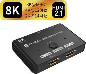 Bi-Directional HDMI 2.1 Switch, 2 in 1 Out / 1 in 2 Out 8K@60Hz 4K@120Hz HDMI Switcher Selector, 48Gbps High Speed HDCP2.3 Compliant for PS4 PS5, Xbox Series X, Roku, UHD TV, Monitor, Projector Bi-Directional HDMI 2.1 Switch, 2 in 1 Out / 1 in 2 Out 8K@60Hz 4K@120Hz HDMI Switcher Selector, 48Gbps High Speed HDCP2.3 Compliant for PS4 PS5, Xbox Series X, Roku, UHD TV, Monitor, Projector