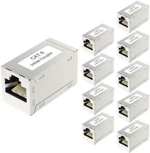 WRIARICH 10 Pack Silver Shielded RJ45 Cat6 Coupler, Female to Female Inline PoE Ethernet Extender Connector Compatible with Cat5/Cat5e/Cat6 Network Cables WRIARICH 10 Pack Silver Shielded RJ45 Cat6 Coupler, Female to Female Inline PoE Ethernet Extender Connector Compatible with Cat5/Cat5e/Cat6 Network Cables