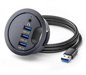 WRIARICH 60mm Desk Grommet Flush Mount USB 3.0 Dock Splitter, 3-Port USB Hub with Built-in Sound Card & Headset Mic AUX Audio Interface for Desktop Office PC WRIARICH 60mm Desk Grommet Flush Mount USB 3.0 Dock Splitter, 3-Port USB Hub with Built-in Sound Card & Headset Mic AUX Audio Interface for Desktop Office PC